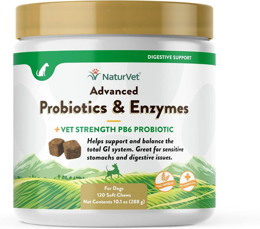 NaturVet Advanced Probiotics & Enzymes, PB6 Dog Soft Chews to Help Sensitive Stomachs and Digestive Issues, Hickory Smoked Bacon Flavored Pet Supplement for Dogs Over 6 Weeks, 120 Count Jar