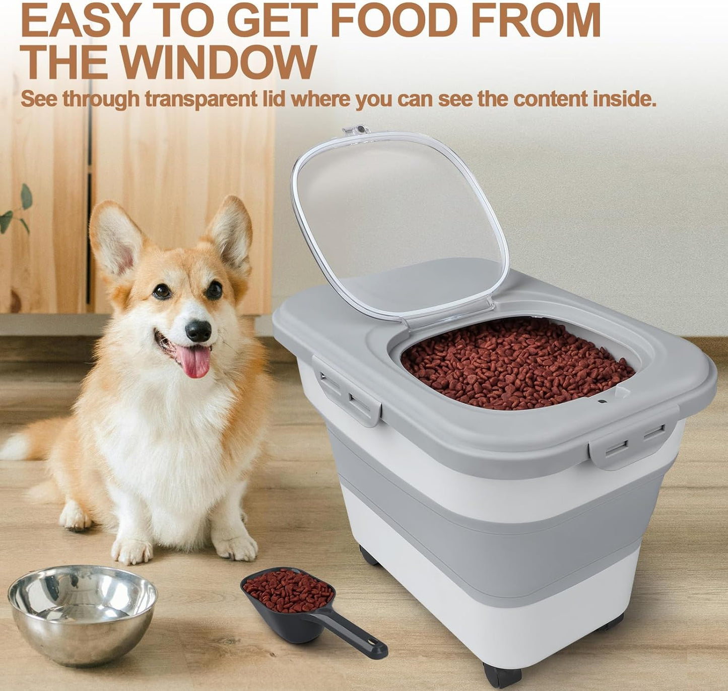 Dog Food Storage Container, 10-20lbs Collapsible Dog Cat Food Containers with Airtight Clear Flip-top，Rolling Wheel and Pet Food Scoop, Pet Food Storage Container Bin for Dog Cat Bird Pets