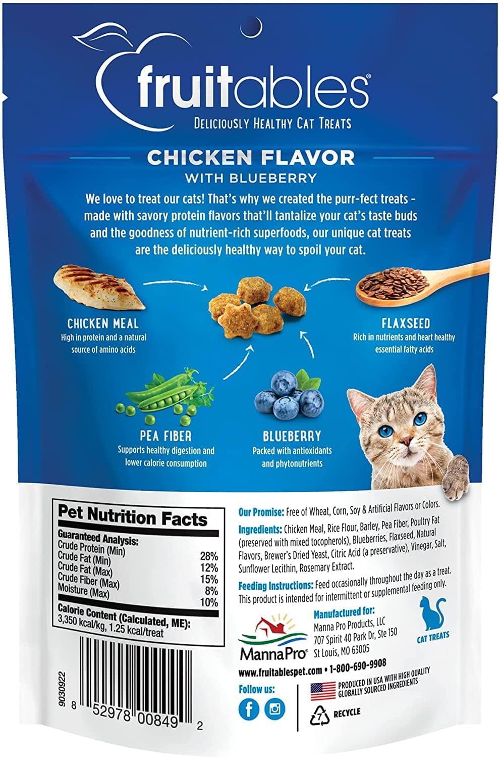 Fruitables Crunchy Low Calorie Treats Packed with Protein For Cats Healthy Free of Wheat, Corn and Soy – Made with Real Chicken with Blueberry – 2.5 Ounces