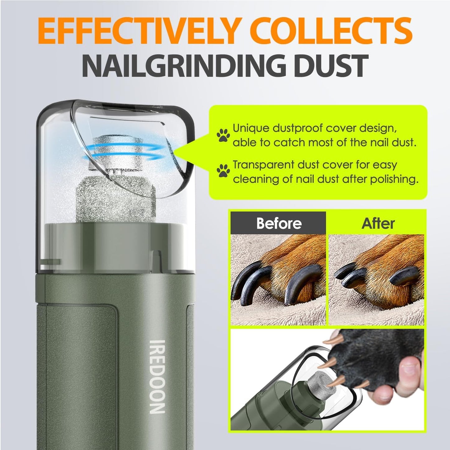 Dog Nail Grinder Upgraded - Professional 3-Speed Super Quiet and Low Vibration Electric Pet Nail Grinder with 4 LED Lights - Painless Paws Grooming & Smoothing for Small to Large Dogs (Green)