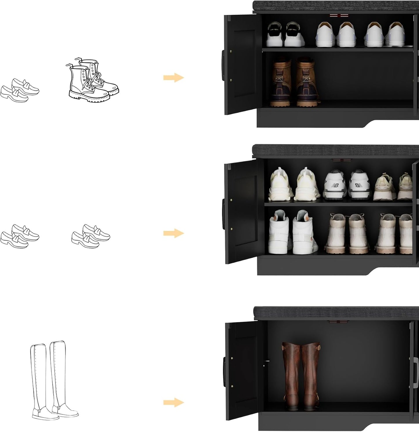 2-Tier Storage Bench, Shoe Bench with Padded Seat Cushion, Entryway Bench with 4 Barn Doors, Adjustable Shelf, 13.8" D x 47.2" W x 17.7" H, for Entryway, Living Room, Bedroom, Black