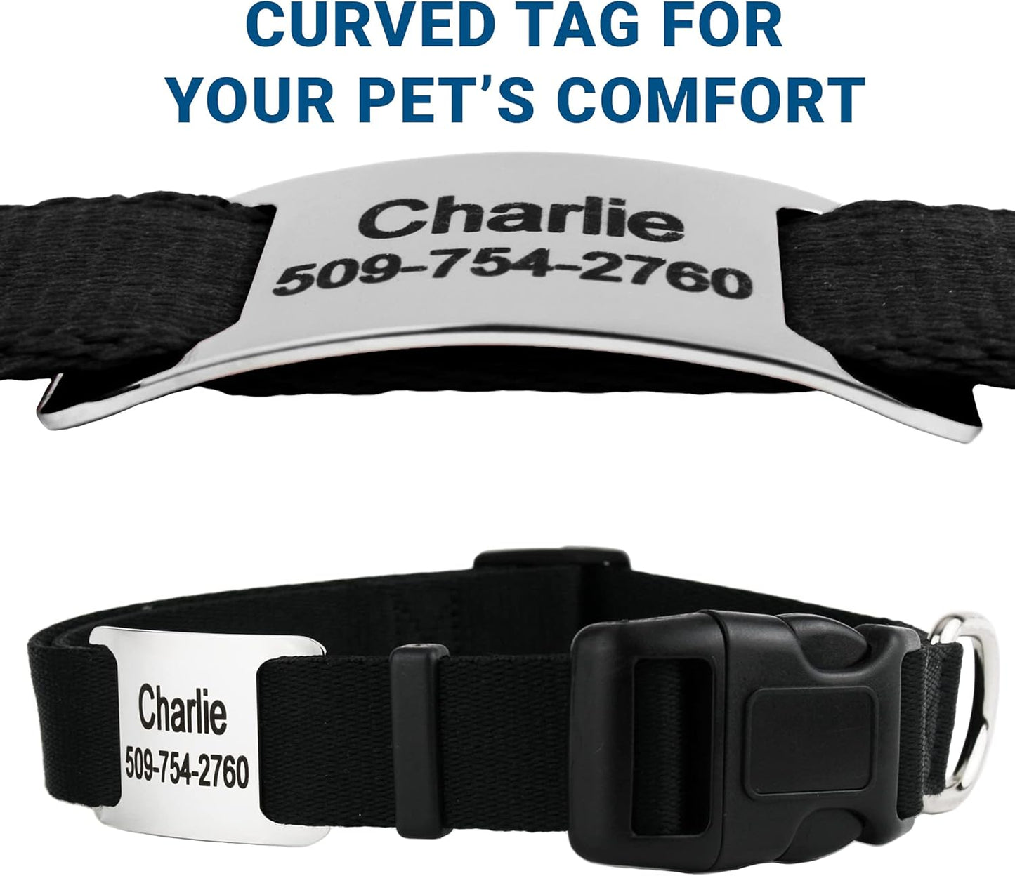 GoTags Personalized Dog Collar with Nameplate, Adjustable Dog Collar with Custom Engraved Slide On Pet ID Tag in Stainless Steel, Silent, No Noise Dog Tag for Large Medium and Small (Black, X-Small)