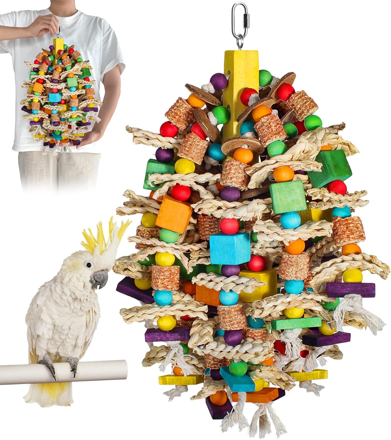 Medium Large Parrot Toys 20in Chewable Bird Toy with Coconut Shell, Poplar Wood, Corn Cob, 112 Schima Wood Beads Bird Shredding Toys Parakeet Macaw Cockatiel Conure African Grey Parrot Gifts