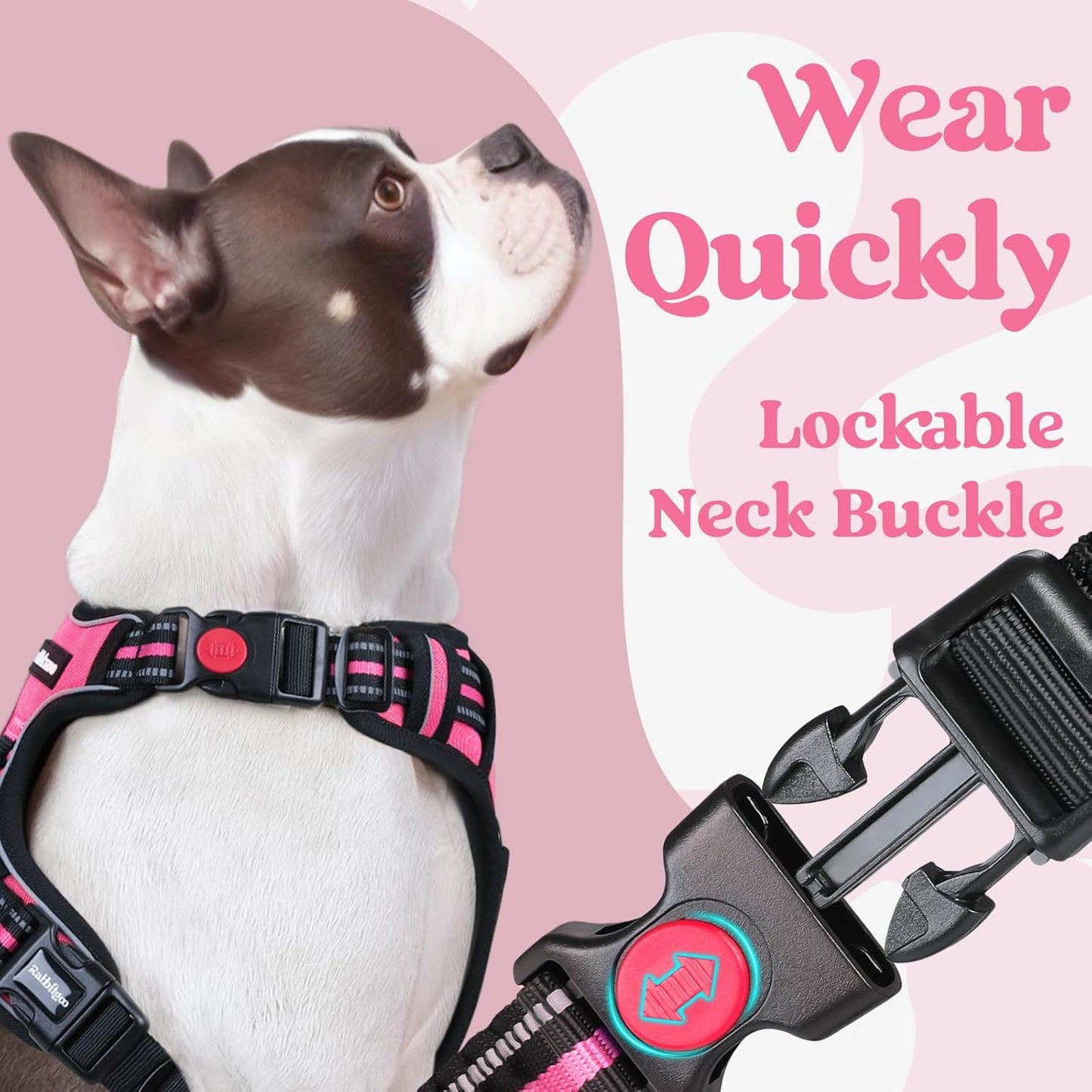 rabbitgoo Dog Harness for Large, No Pull Pet Harness with 3 Buckles, Adjustable Soft Padded Vest with Control Handle, Walking Reflective Pet Vest for Large Dogs, Rose Pink, L