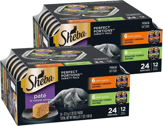 Sheba Perfect Portions Wet Cat Food Pate Savory Chicken Entree and Roasted Turkey Entree Variety Pack, 2.6 oz. Twin Pack Trays (12 Count, 24 Servings) (Pack of 2)