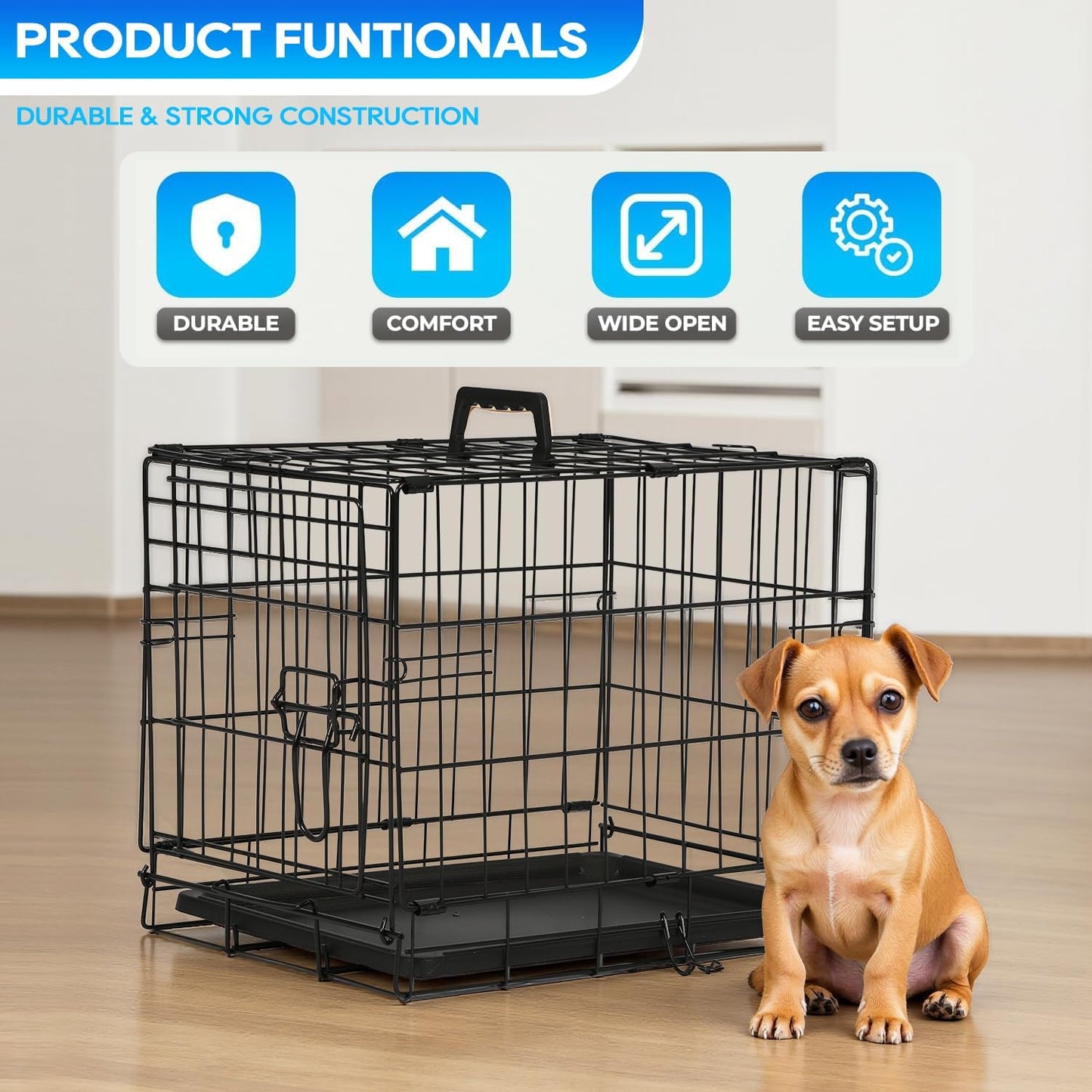 FDW Dog Crate for Small Dogs 18 Inch Folding Metal Wire Pet Cage Double Door W/Divider Panel Indoor Outdoor Kennel Leak-Proof Plastic Tray,Black