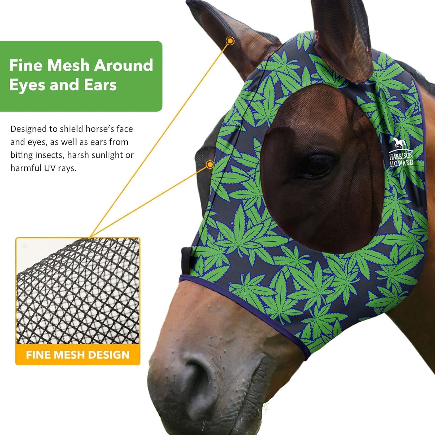 Harrison Howard Super Comfort Stretchy Fly Mask Large Eye Space with UV Protection Soft on Skin with Breathability Live Leaf L