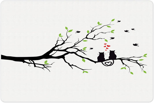 Lunarable Cat Lover Pet Mat for Food and Water, Animals in Love on Tree Branch Flying Birds Nature Romance Illustration, Non-Slip Rubber Mat for Dogs and Cats, 18" X 12", Lime Green