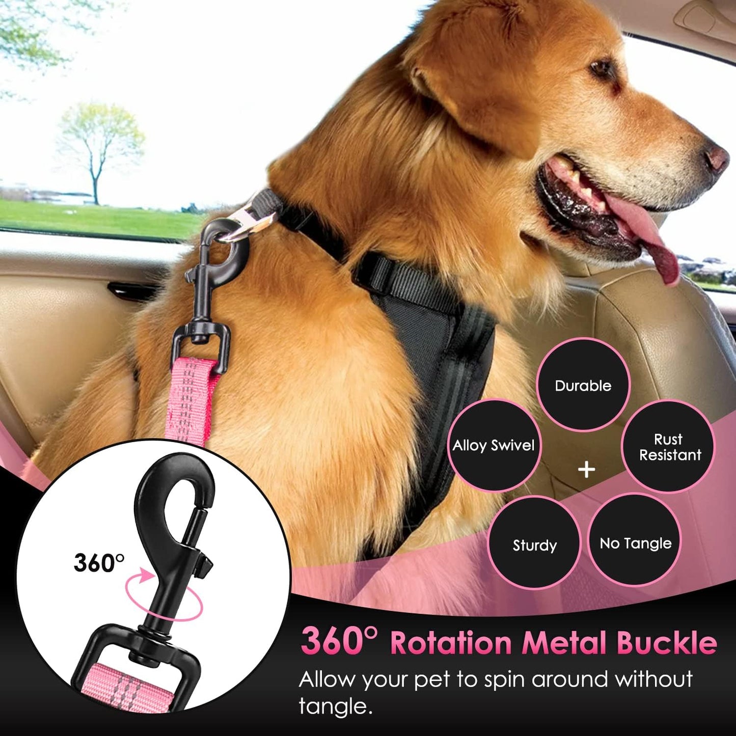 SlowTon Dog Seat Belt, Adjustable Dog Safety Belt Leash, 2 in 1 Latch Bar Attachment Dog Car Seatbelt with Elastic Nylon Bungee Buffer, Reflective Nylon Belt Tether(Pink,35.5in)