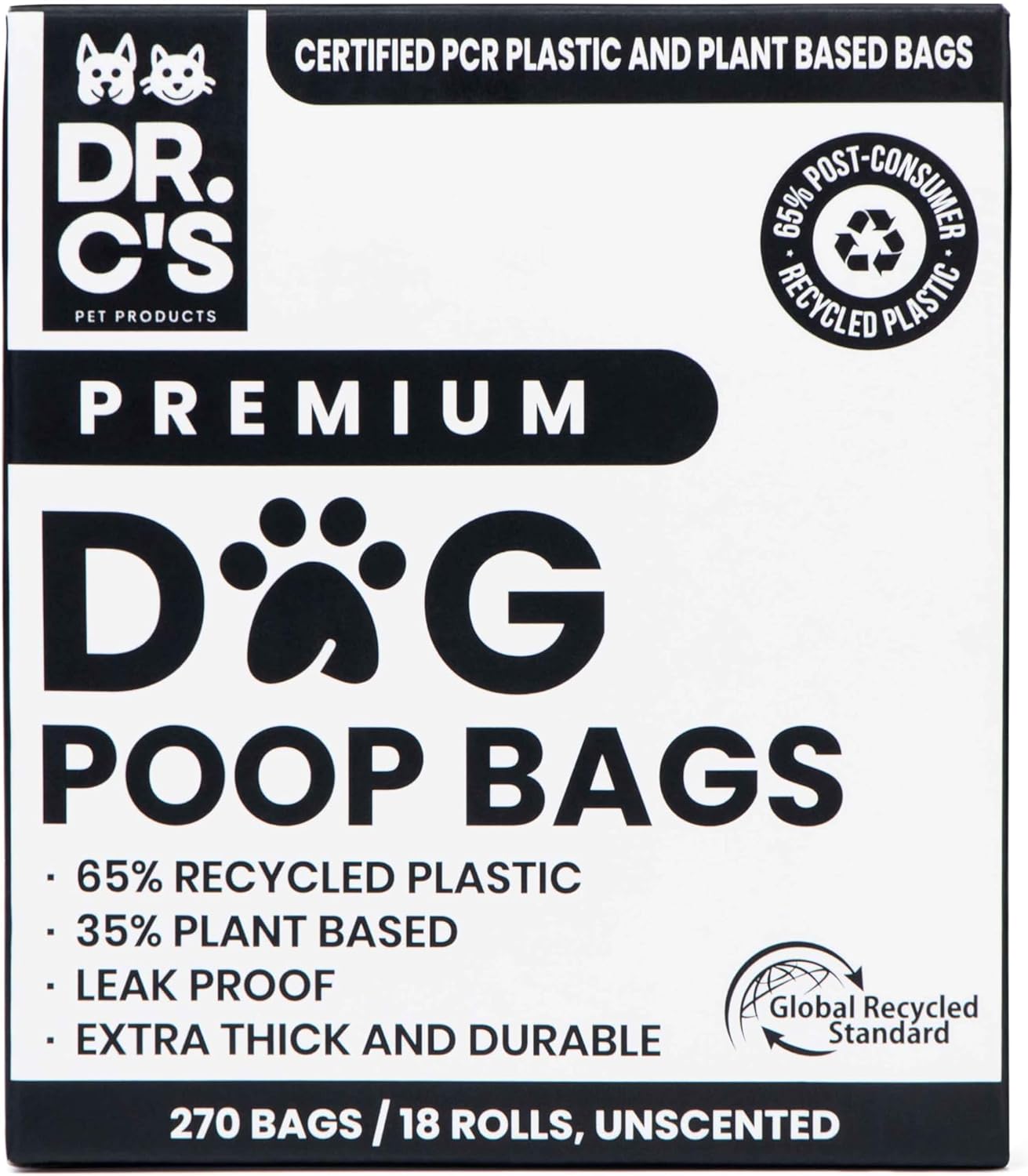 Certified 65% PCR (Post Consumer Recycled) Plastic and 35% Plant Based Dog Poop Bags - Dr. C's Premium Dog Poop Bags - 270 Bags / 18 Rolls, Extra thick, Leak Proof, Unscented, Earth Friendly