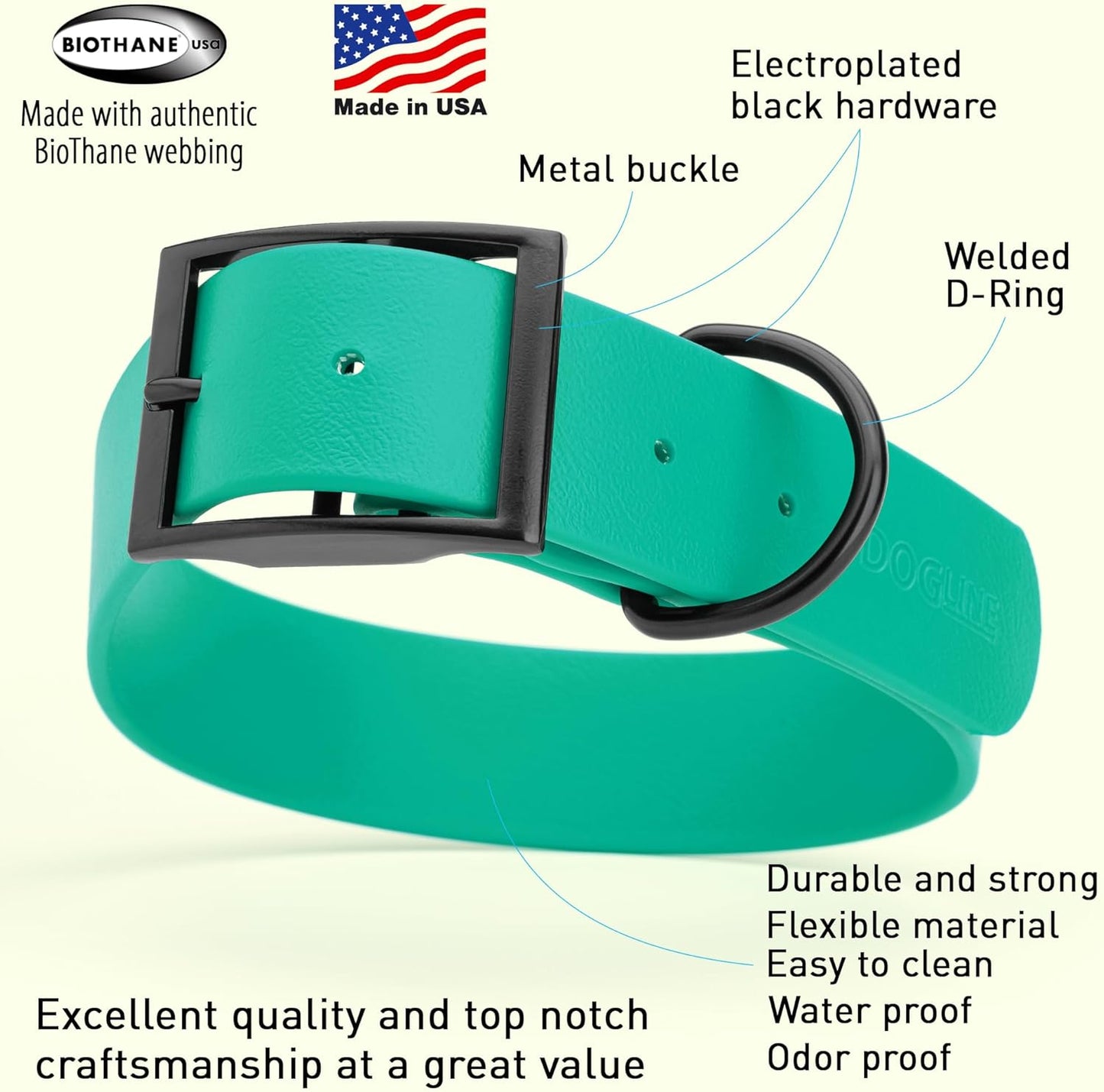 Dogline Biothane Waterproof Dog Collar Strong Coated Nylon Webbing with Black Hardware Odor- Proof for Easy Care Easy to Clean High Performance Fits Small Medium or Large Dogs, Teal