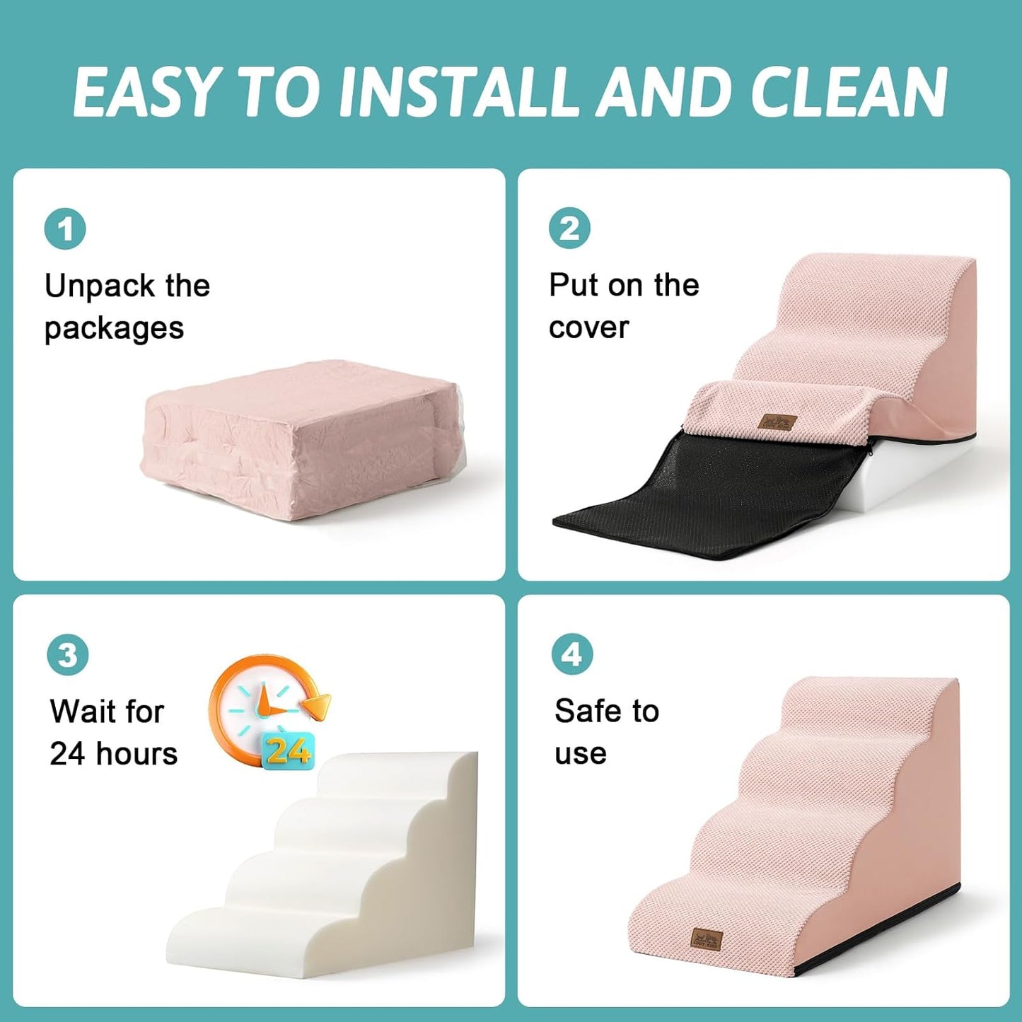 Dog Stairs for Small Dogs 19.7" H, Curved Dog Step for Puppy, Older or Cat, Medium Pet Ramp for Sofa, Couch or Bed, Ladder with High Density Foam, 15.7x28.3x19.7 inch, 4 Step, Pink