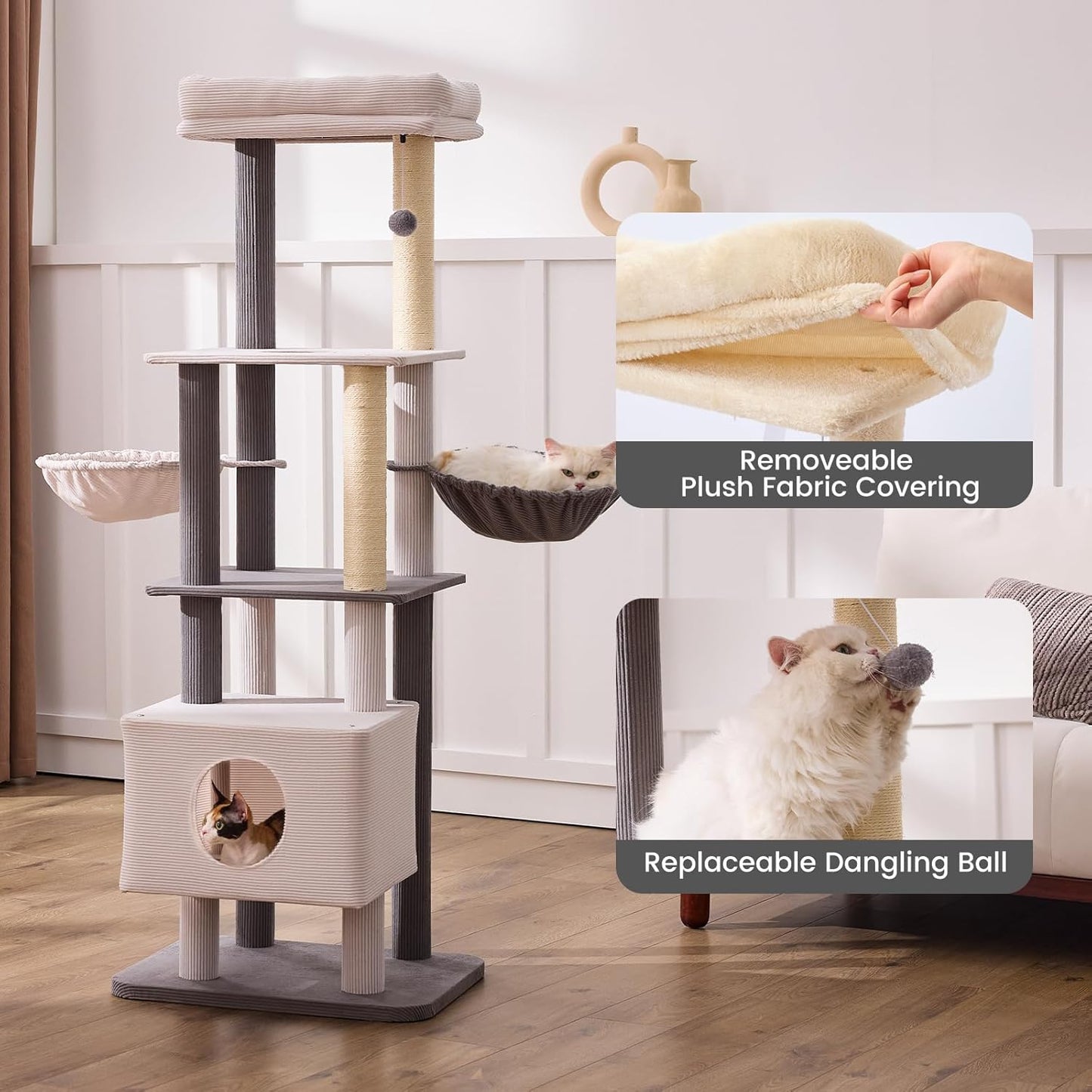 Gardner Pet 65in Heavy Duty Cat Tree Tower for Large Cats, Multi-Level Cat Furniture with Replaceable Sisal Scratching Post, Hammock | Extra-Large Platform & Condo Easy to Clean (Corduroy)