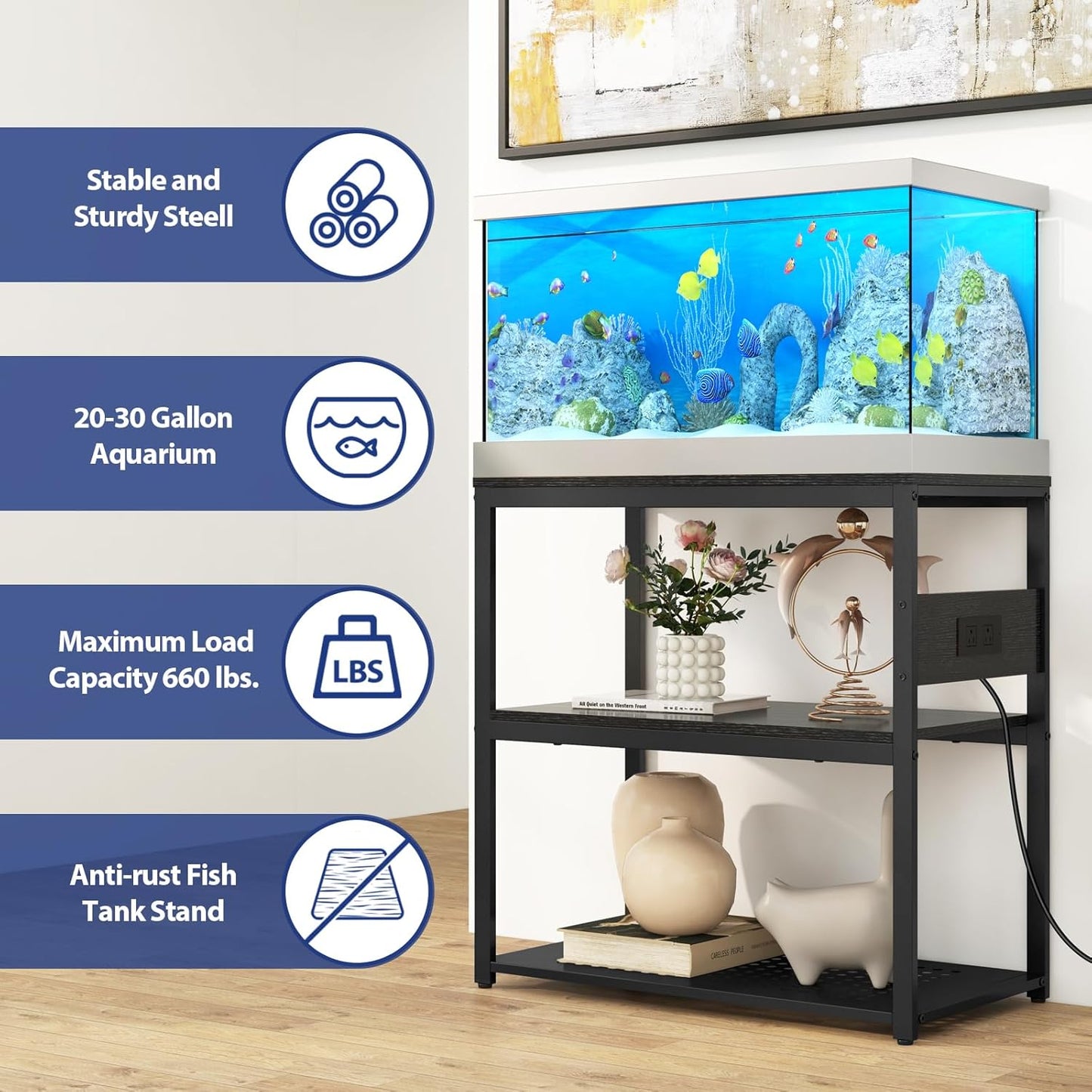 20-29 Gallon Fish Tank Stand with Power Outlets, 3-Tier Metal Aquarium Stand, Breeder Reptile Tank Stand with Shelf for Home Office, 660LBS Capacity, 29.5 x 15.8 x 30.1 inches, Black