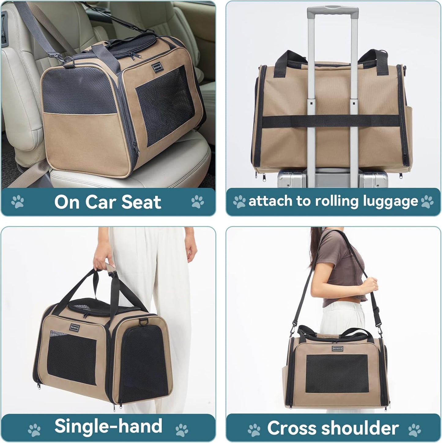 PETSFIT Dog Carrier Cat Carriers for Puppies, Medium Cats up to 25Lbs, Travel Soft Sided Pet Carrier (Large, Khaki)