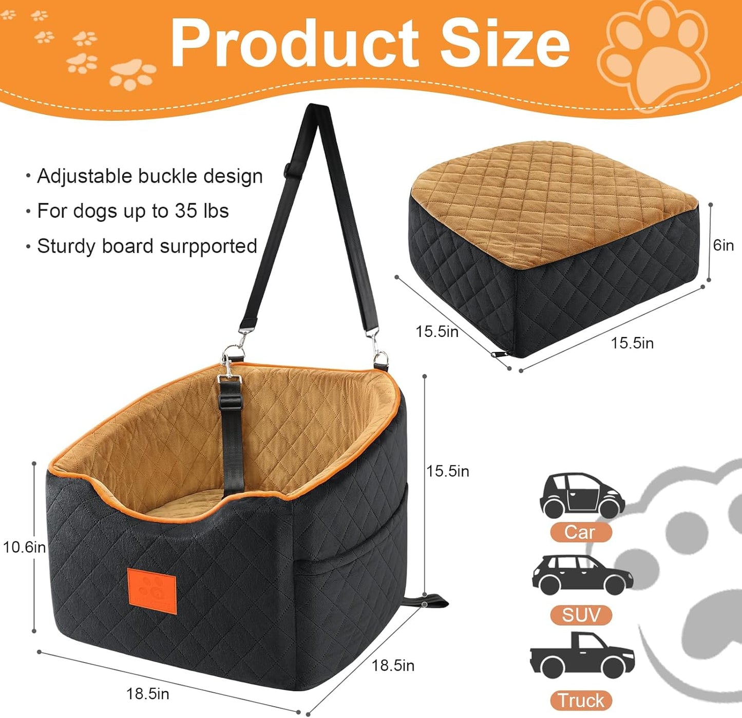 Dog Car Seat for Small Dogs, Memory Foam Booster Dog Seat for Dogs up to 35 lbs, Elevated Pet Car Seat with Washable Removable Cover, Storage Pockets
