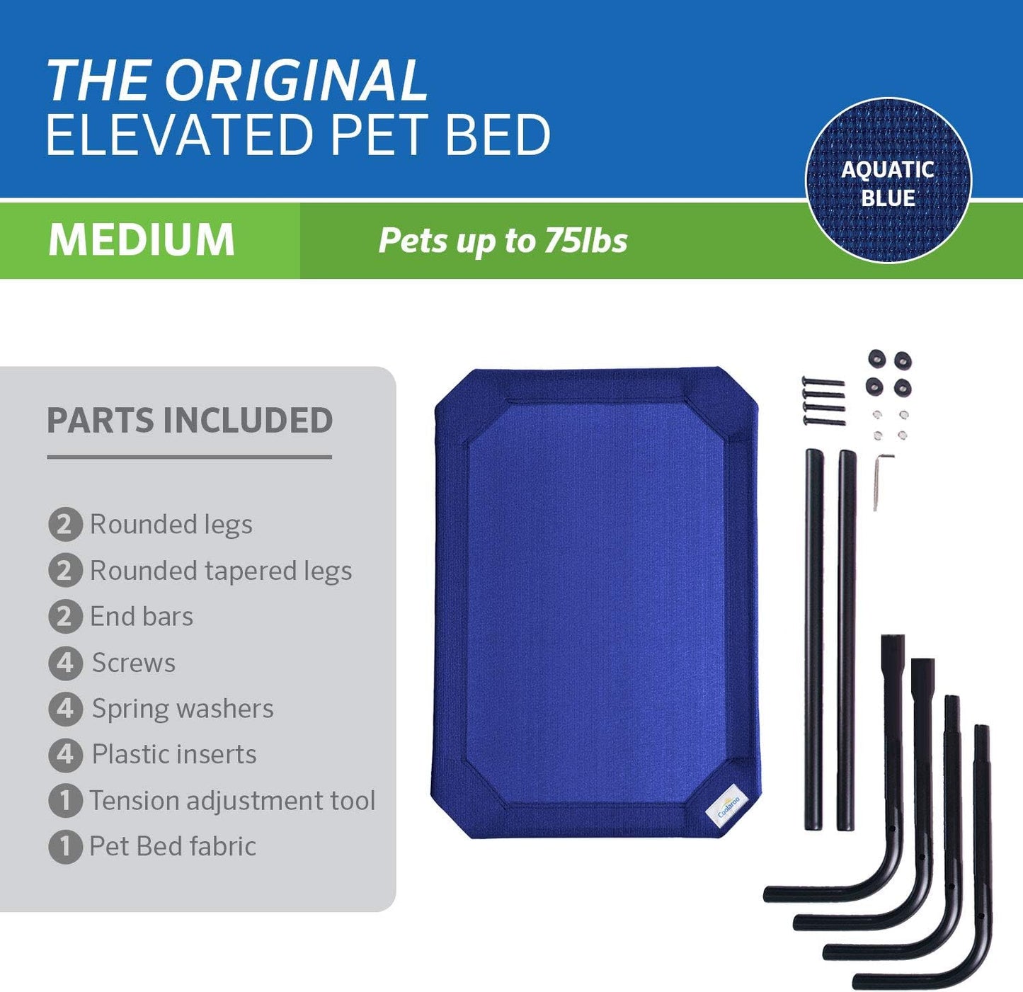 Coolaroo Original Elevated Dog Bed - Breathable Off-The-Ground Pet Bed with Cooling Fabric, Joint Relief & Moisture-Resistant Fabric, 100% Recyclable, Easy Clean, Aquatic Blue, Medium