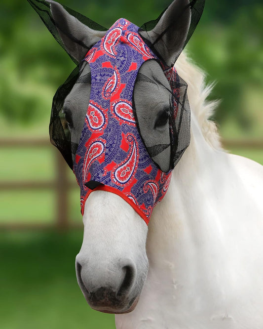 Harrison Howard Super Comfort Stretchy Fly Mask Large Eye Space with UV Protection Soft on Skin with Breathability Orange Paisley M Cob