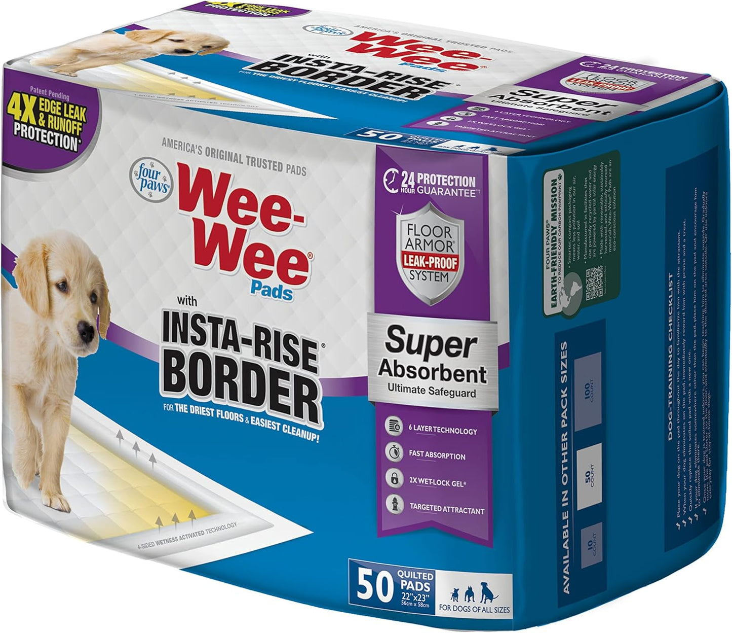 Four Paws Wee-Wee Super Absorbent Unscented Pee Pads for Dogs & Puppies with Insta-Rise Border, Leak-Proof Dog Housebreaking Potty Training Floor Protection, 22" x 23", 50 Count