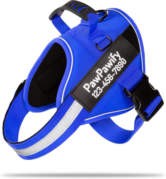 PawPawify Custom No Pull Dog Harness with Name and Phone Number, Heavy Duty Personalized Pet Vest to Prevent Tugging, Pulling, or Choking, Training and Walking (New Blue, XL (60-85 LBS))