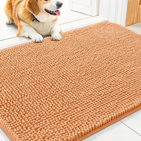 Smiry Dog Door Mat for Muddy Paws 30x20, Absorbs Moisture and Dirt Doormat, Non-Slip Washable Quick Dry Chenille Front Door Mat Indoor Entrance, Entryway Carpet for Inside Floor, Orange
