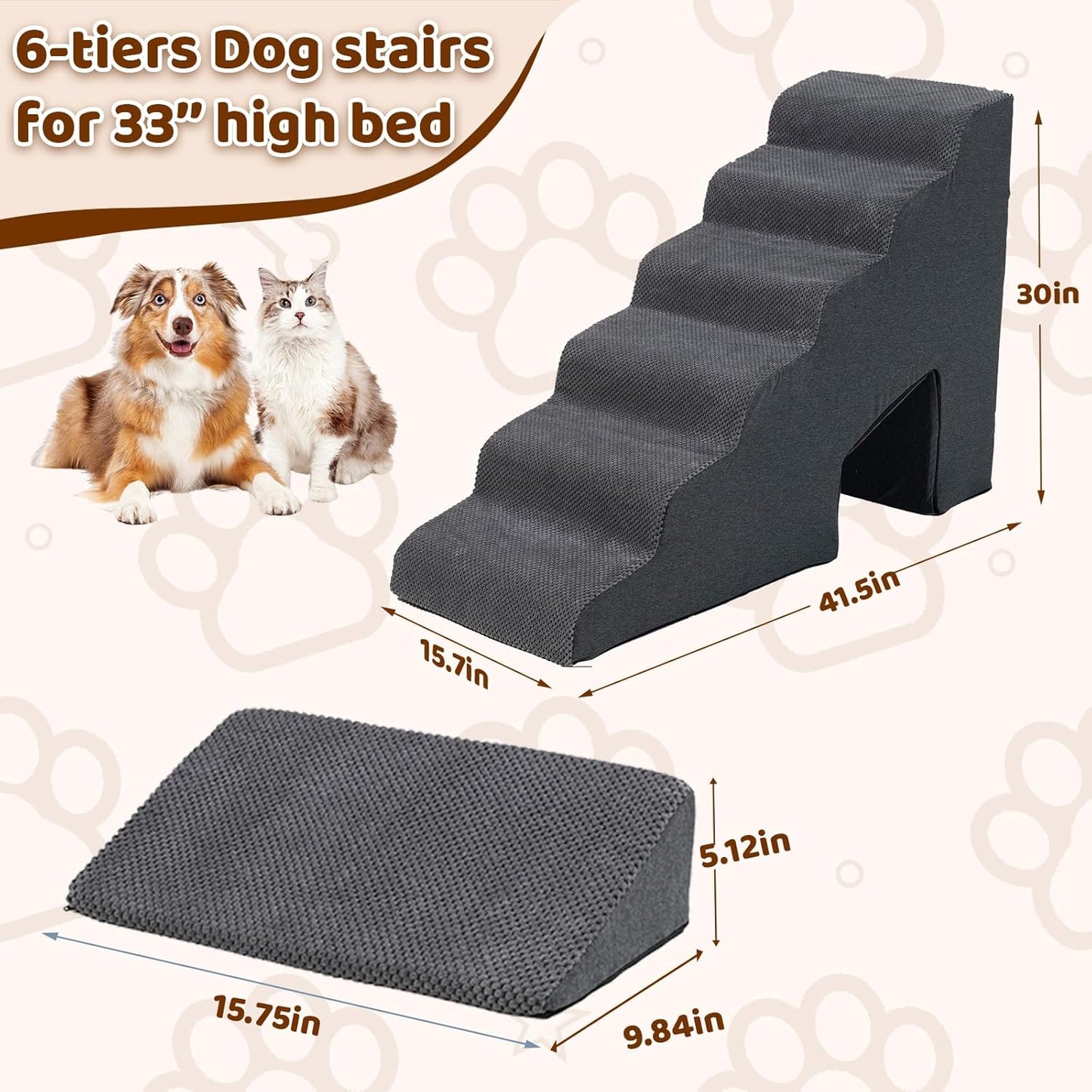 Dog Stairs & Steps Ramps for High Beds 30 inches High Tall, LitaiL 6 Step Pet Stairs Steps for Small Large Dogs, Non-Slip Dog Ramps with 3 Pack Ramps for Staircase