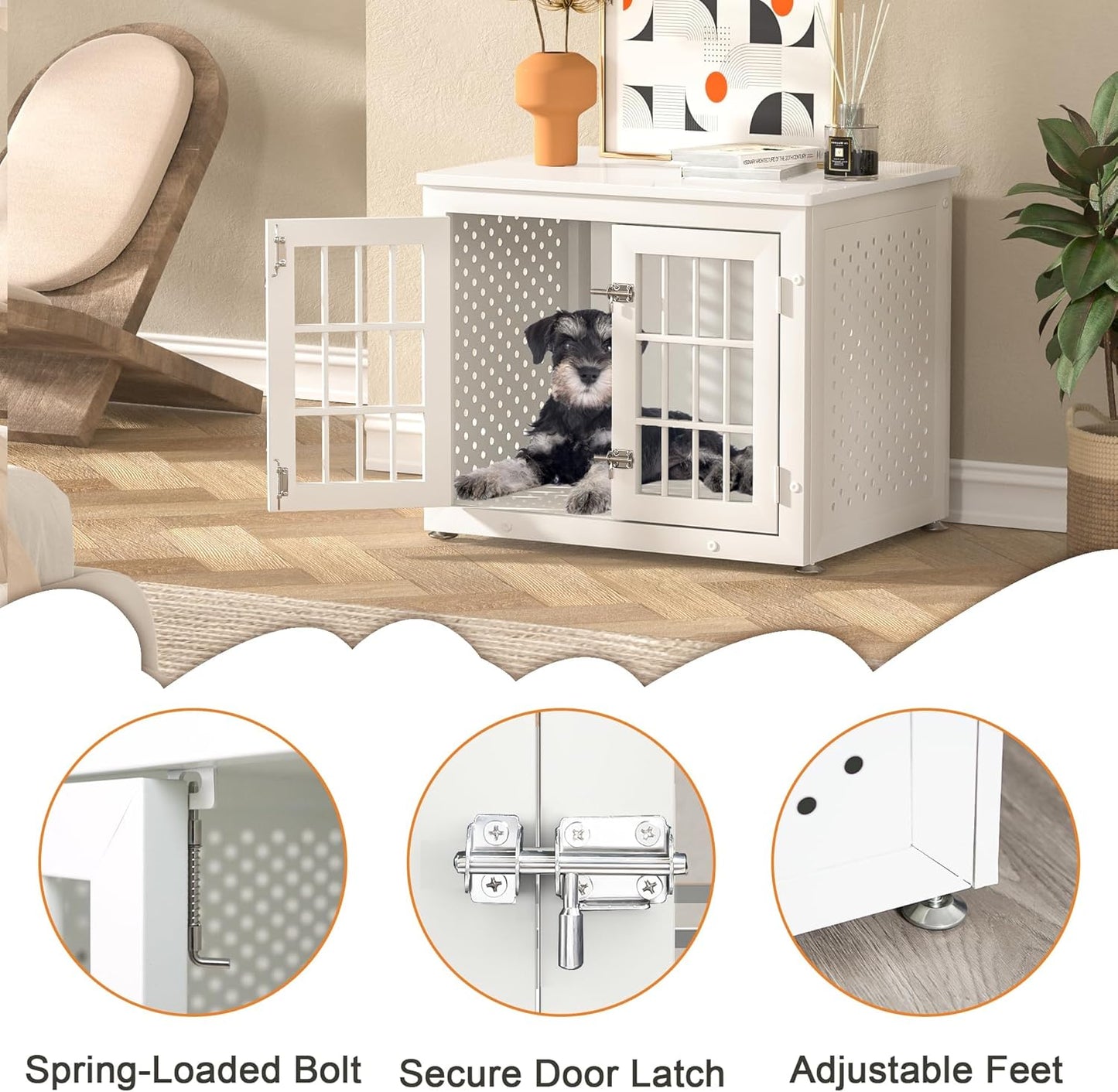 26" Heavy Duty Dog Crate Furniture for Small Dogs, Metal Kennel for High Anxiety Dogs, Chew Proof Pet Cage Indoor, Decorative Kennel End Table, White