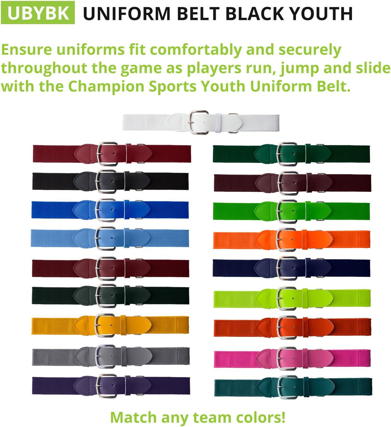 Champion Sports Baseball/Softball Uniform Belt, Comfort Stretch Fit Durable Syntex Tab - Youth & Adult Sizes, Multiple Colors