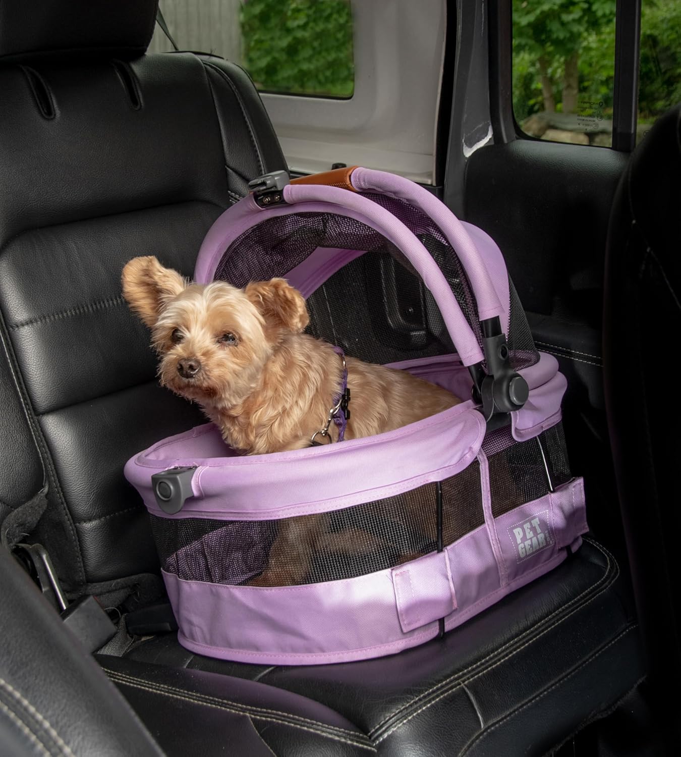 Pet Gear No-Zip View 360 Ultra Lite Pet Safety Carrier & Car Seat for Small Dogs & Cats Push Button Entry, 15", Bright Lilac