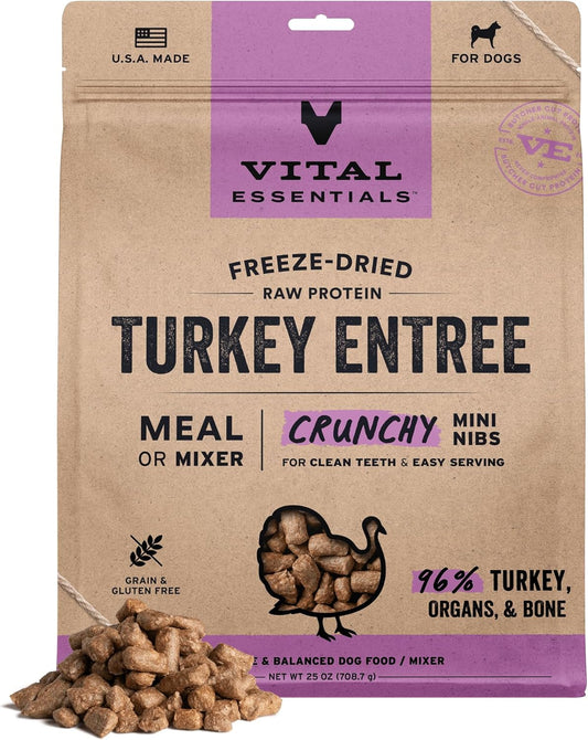 Vital Essentials Freeze-Dried Raw Turkey Meal or Mixer Dog Food Crunchy Mini Nibs, 25 oz