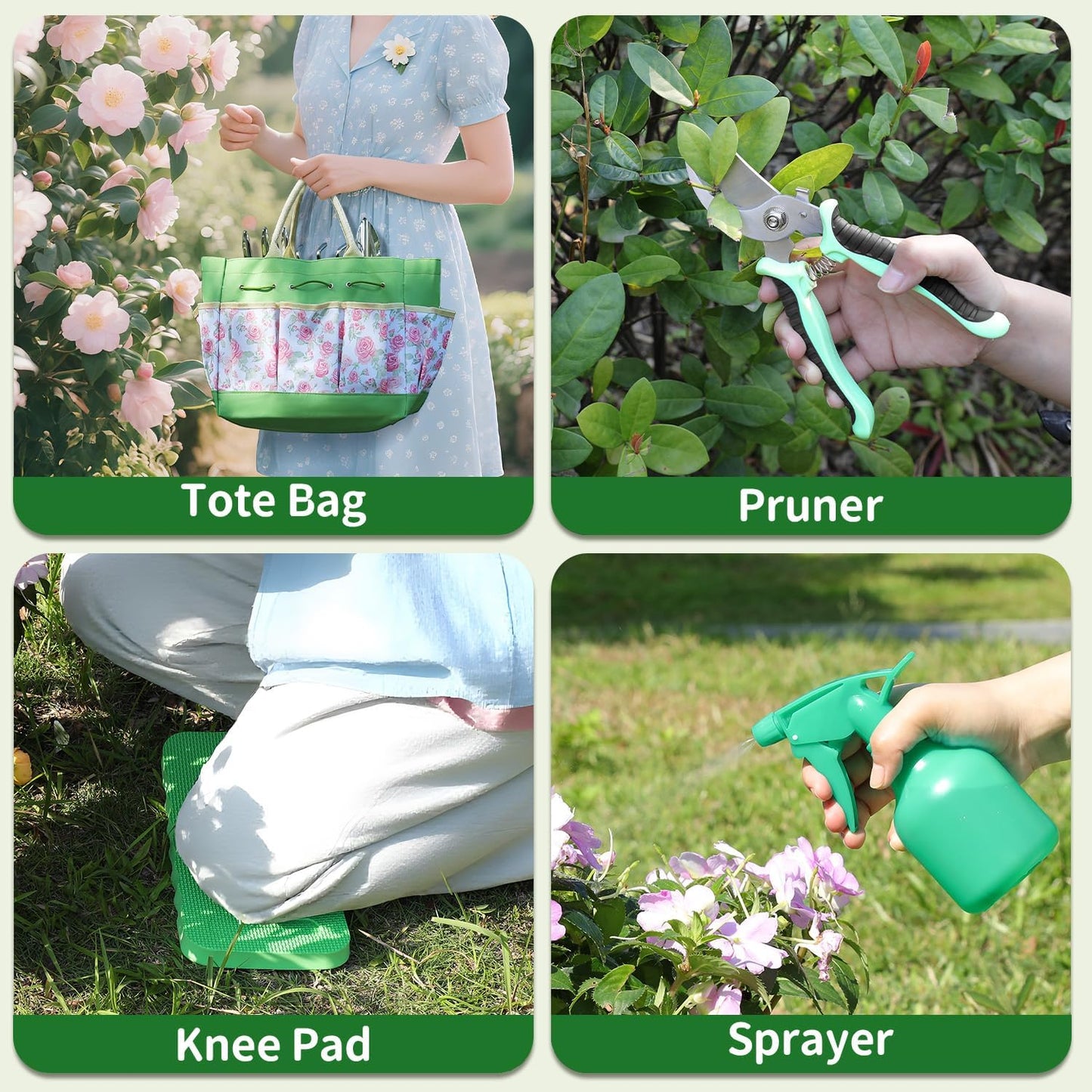 Garden Tool Set,10 Piece Garden Kit,Heavy Duty Stainless Steel Gardening Hand Tools with Durable Storage Tote,Rust-Proof Garden Tools,Gardening Gifts for Women Men Pink Floral Pattern Design