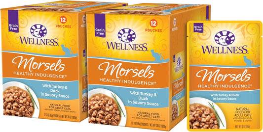 Wellness Healthly Indulgence Morsels Adult Wet Cat Food, Natural, Protein-Rich, Grain Free, 3 Ounce Pouch, 24 Pack, (Turkey & Duck)