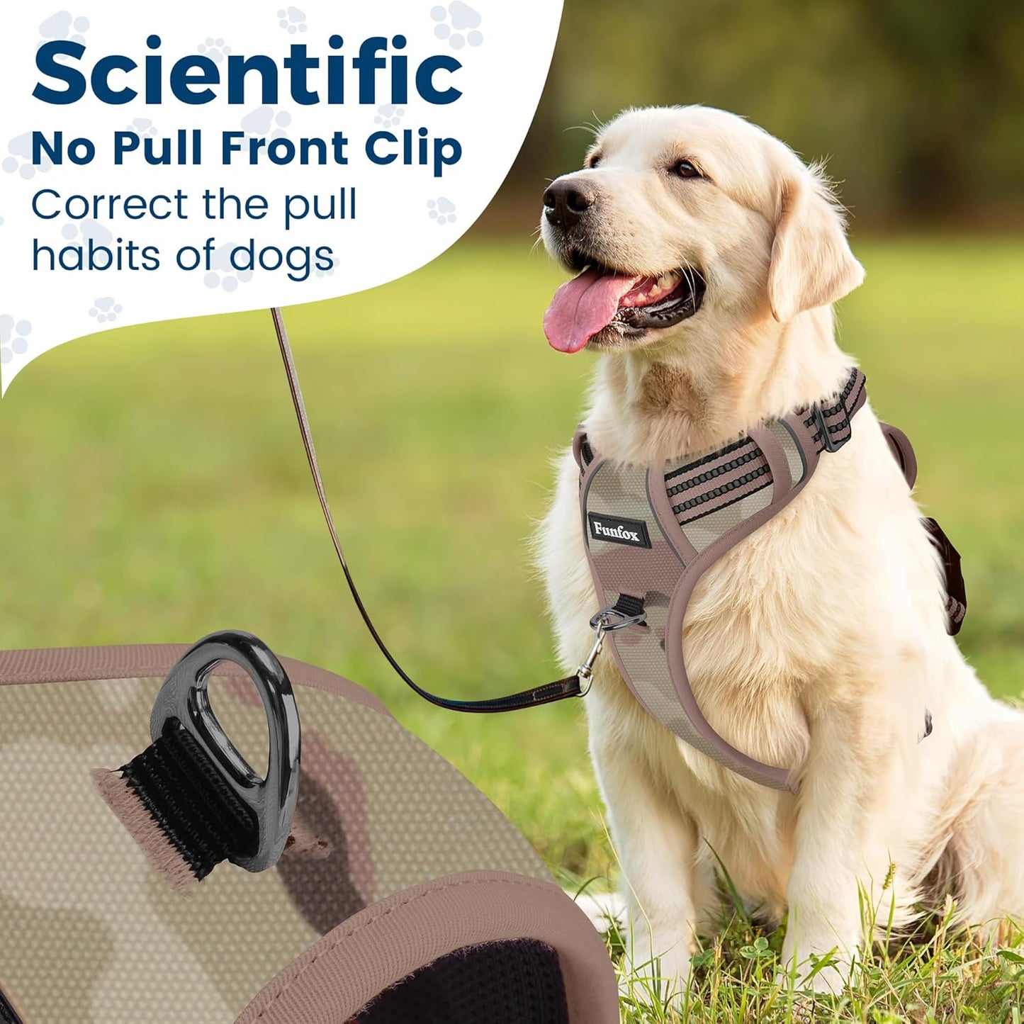 Funfox Dog Harness No Pull, Adjustable Pet Vest Harness, Super Soft Material with Vertical Handle Easy Control, Reflective Night Walking, 2 Leash Clips for Medium Sized Dogs, Camo Brown, M