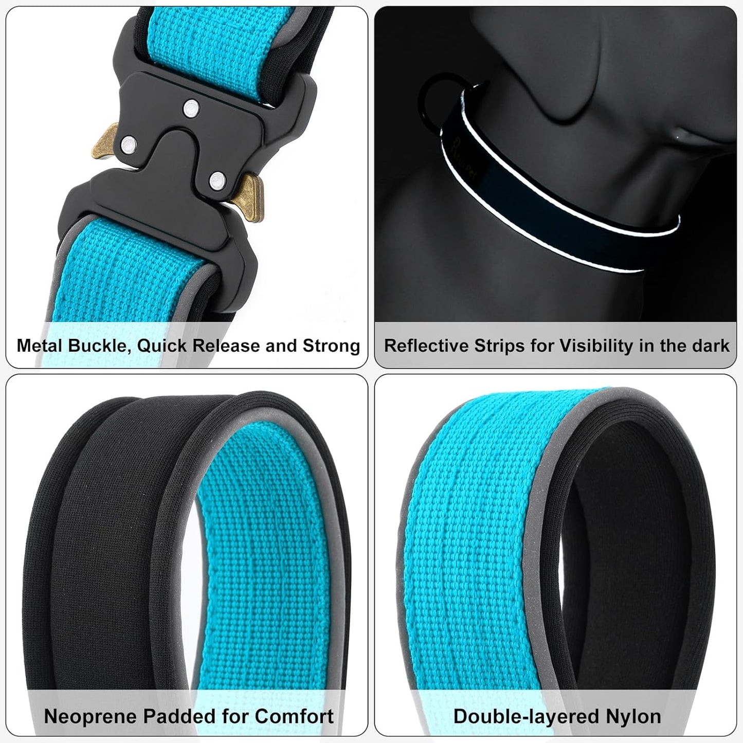 Plutus Pet Tactical Dog Collar, Reflective, Adjustable Heavy Duty Dog Collar, Soft Padded and Comfortable, for Small Medium and Large Dogs (Cyan, XL)