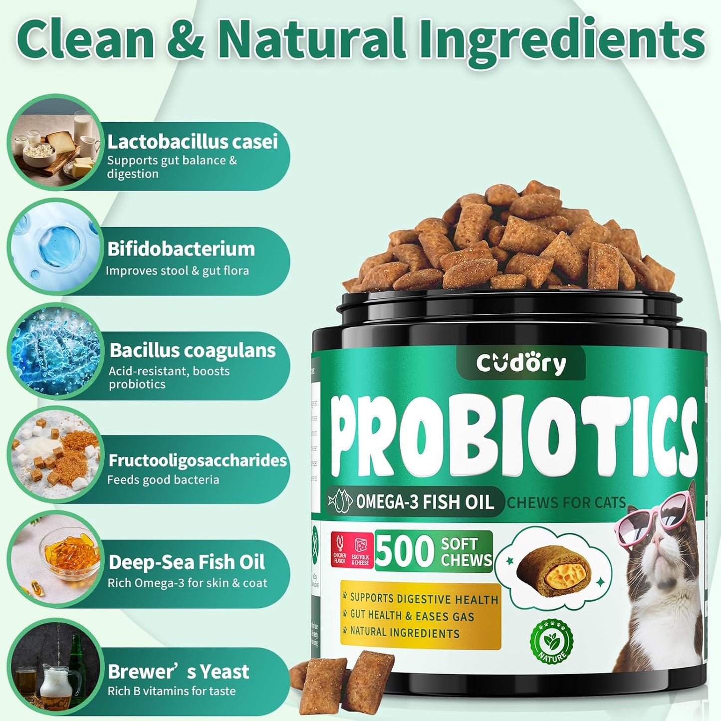 Cat Probiotics Tasty Chews for Digestive & Gut Support - Crunchy & Creamy Texture - Cat Gut Health, Constipation Relief, Healthy Stool, Natural Supplement for Cats, Chicken Flavor - 500 Chews