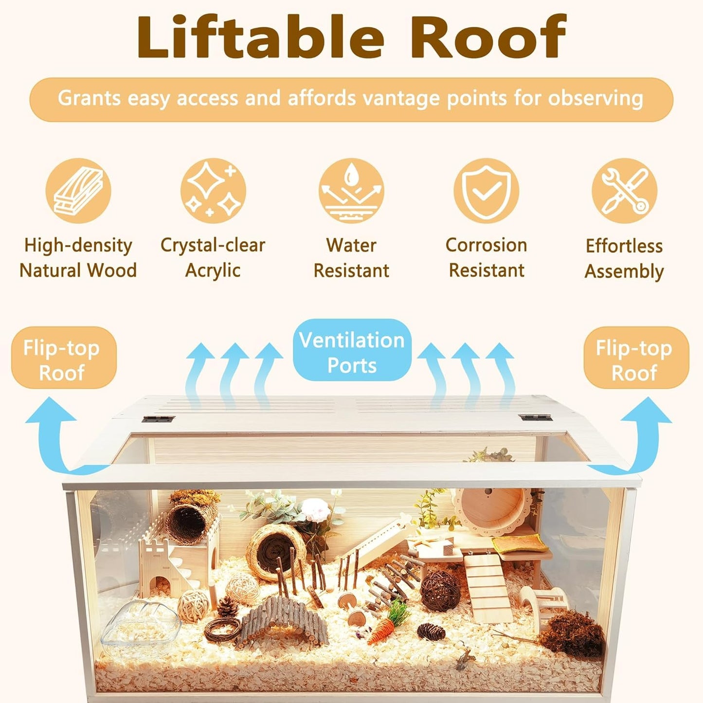 Prolee Hamster Cage Wooden Chew Proof, Extra Large Mice and Rat Habitat Openable Top with Acrylic Sheets Solid Built Small Animal Cage with Leg Stands, 32 Inch Long