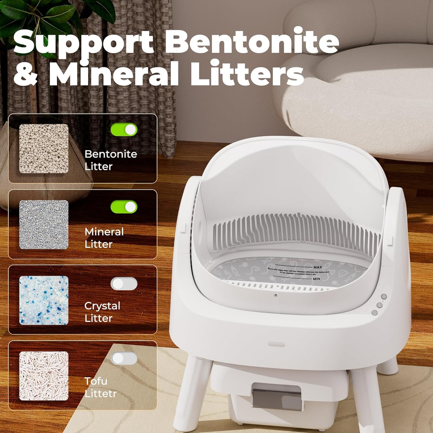 Automatic Litter Box, Open-Top Self Cleaing Litter Box with Safety Sensors and 10 L Waste Container, Suitable for Multiple Cats, White