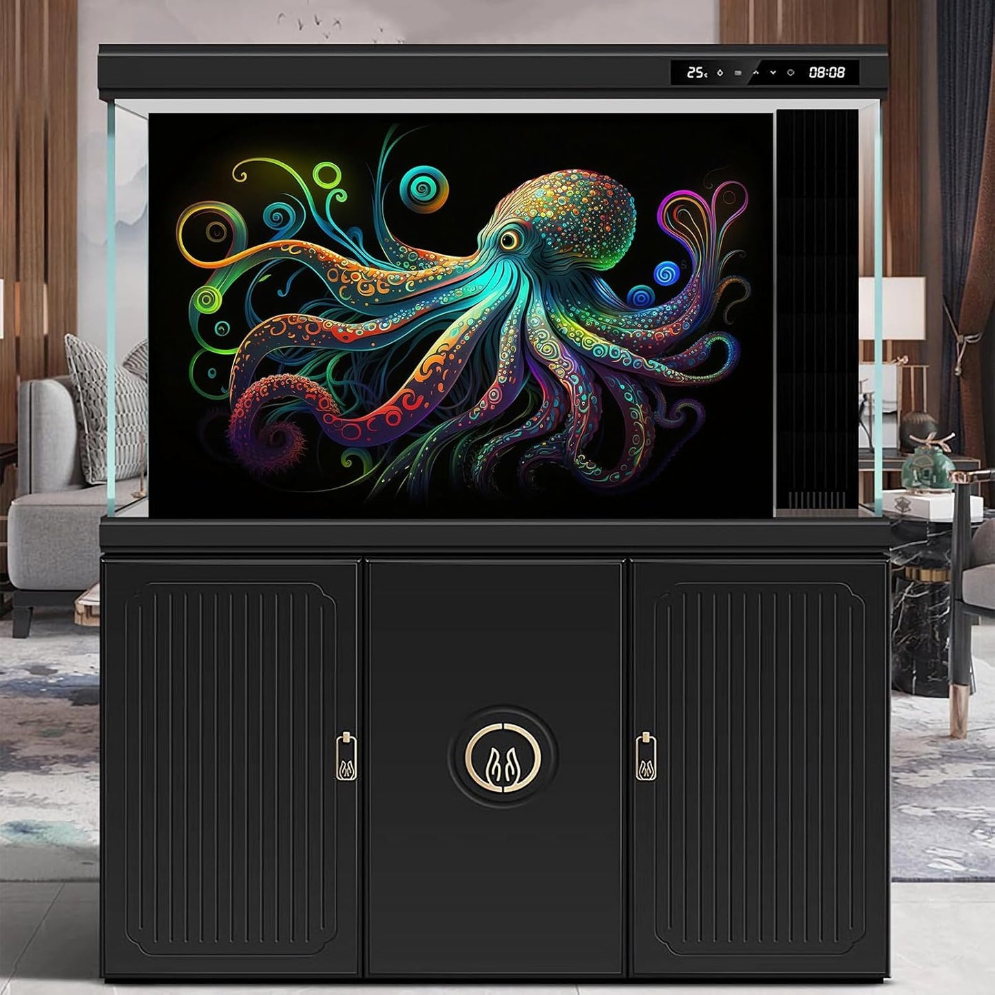 Octopus Aquarium Background Exquisite Colorful Octopus Terrarium Background Glowing Octopus on Black Background Fish Tank Backdrop Octopus Backdrops Poster Wallpaper Decorations Vinyl 36x20in
