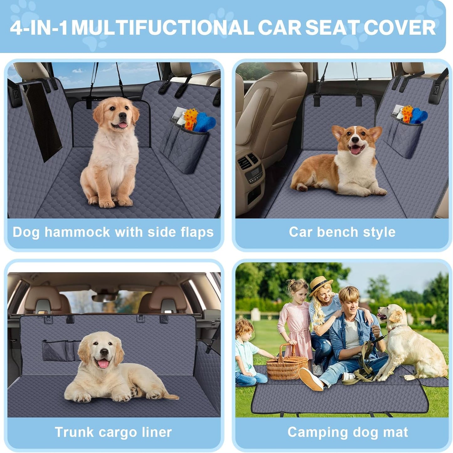Dog Car Seat Cover for Back Seat, Waterproof Protector with Side Flaps, Scratchproof Hammock, Non-Slip Bottom for Cars/Trucks/SUVs (Grey02)