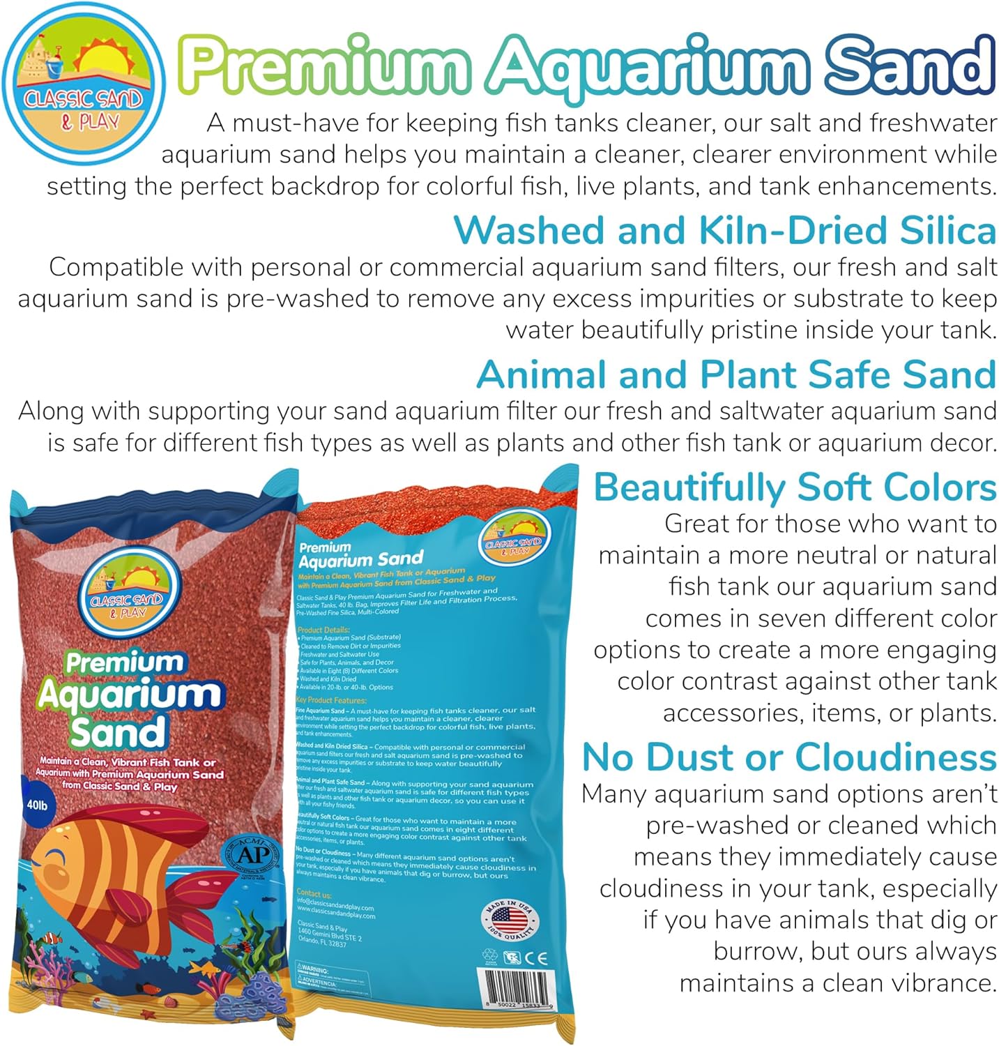 CLASSIC SAND & PLAY Natural Aquarium Sand for Freshwater and Saltwater Tanks, 40 lb. Bag, Improves Filter Life and Filtration Process, Pre-Washed Fine Sand, Orange