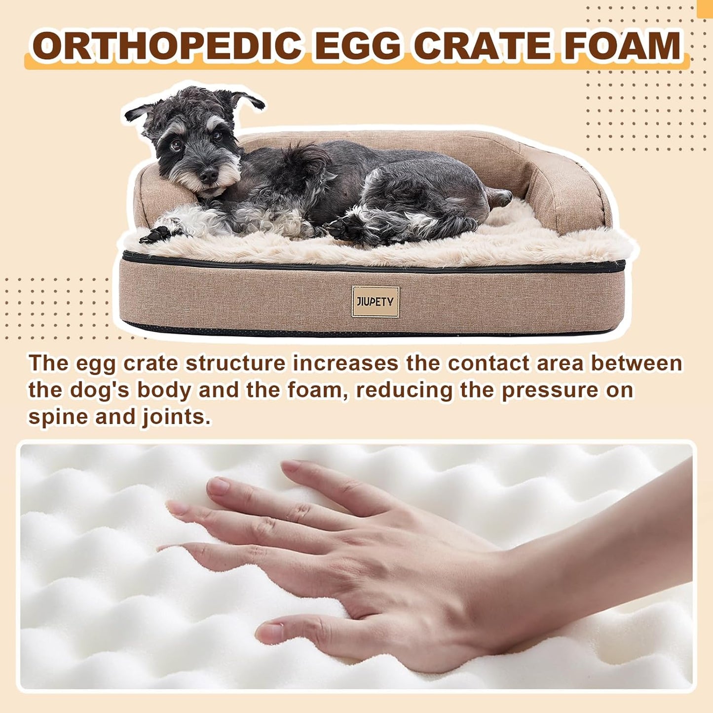 Jiupety Orthopedic Dog Bed for Medium Dogs, Egg-Crate Foam Pet Couch Bed, Washable Pet Sofa with Removable Cover, Waterproof Lining and Anti-Slip Bottom, Brown, 26"x20"x6.5"