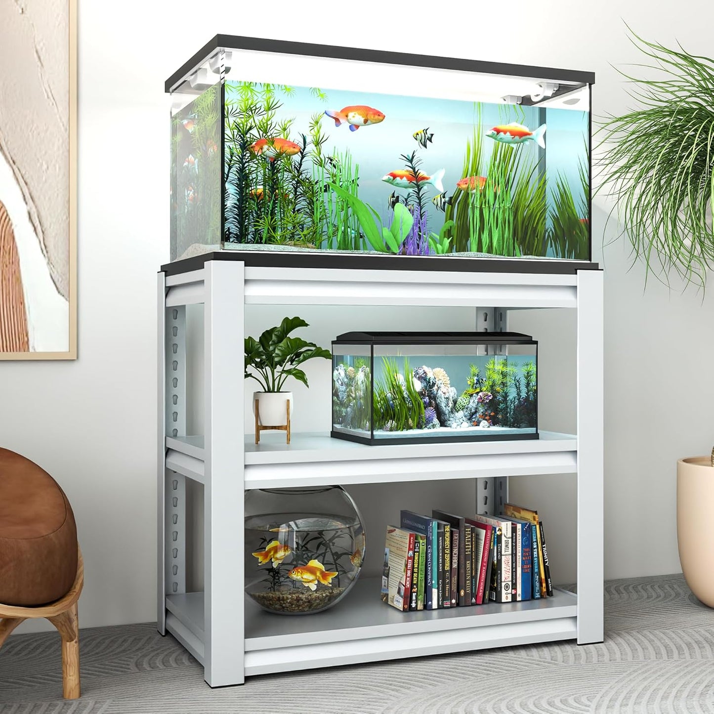 Metal Aquarium Stand with a Adjustable 3-Tier Fish Tank Rack,Tank Not Included,for Home Office(31.5" L x 18" W x 34" H). (White)
