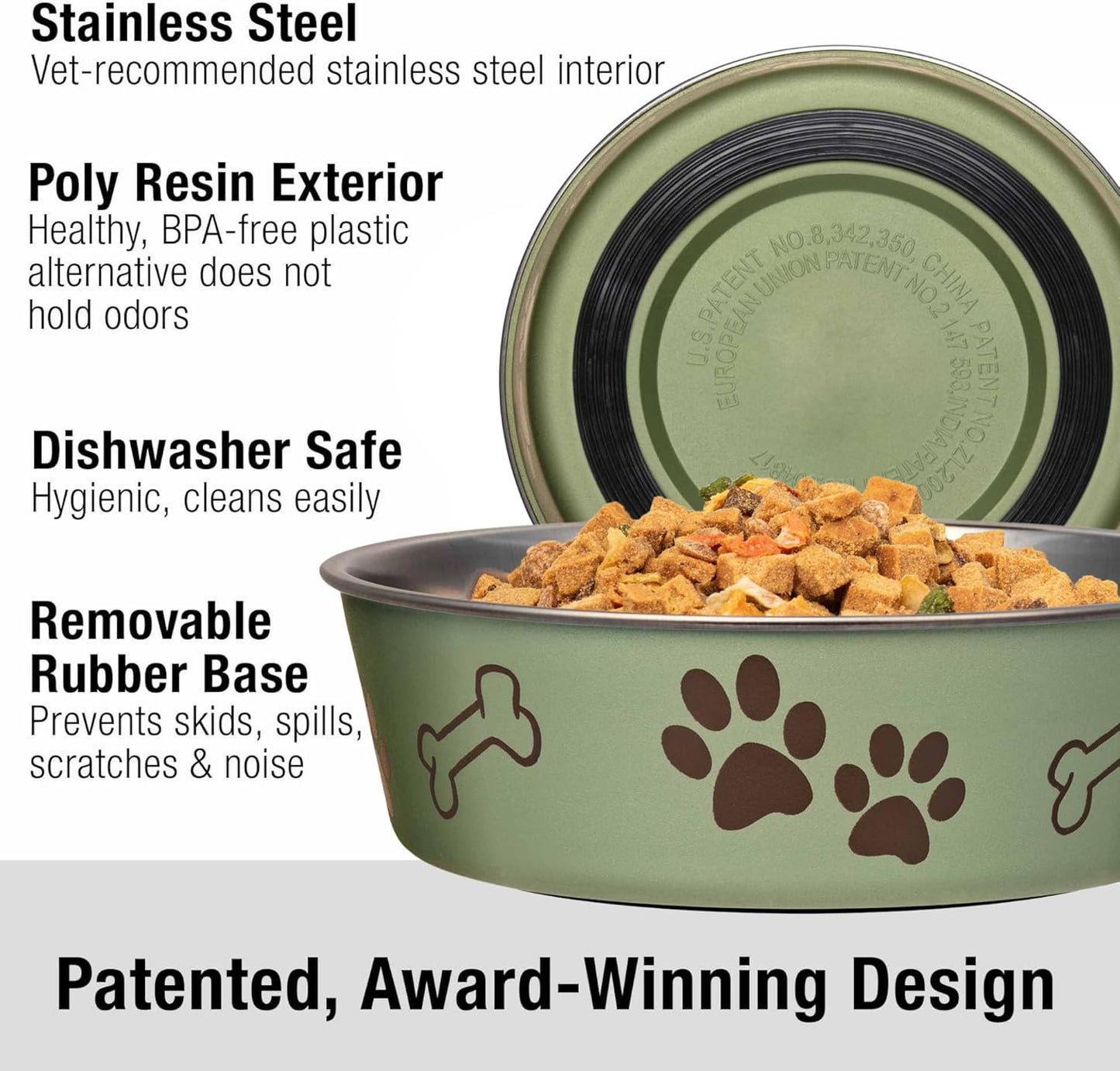 Loving Pets Bella Dog Bowls- Stainless Steel Dog & Cat Bowls - Spill Proof Dog Food Bowl, Cat Bowl, Puppy Essentials & Pet Supplies Great for Home & Travel (Medium 20-25 lbs, Artichoke)