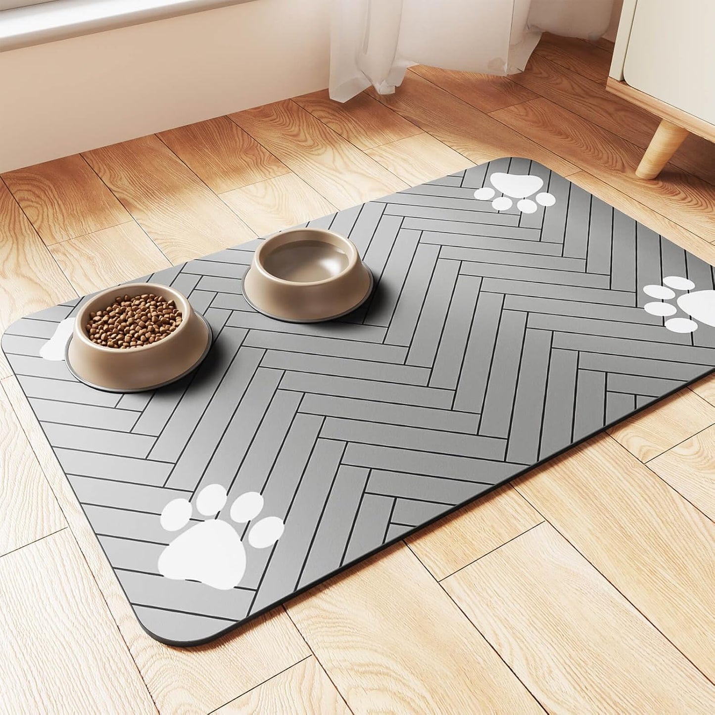 Pet Feeding Mat-Absorbent Pet Placemat for Food and Water Bowl, with Waterproof Rubber Backing, Quick Dry Water Dispenser Mat for Dog and Cat (16"x24", Striped Light Gray)