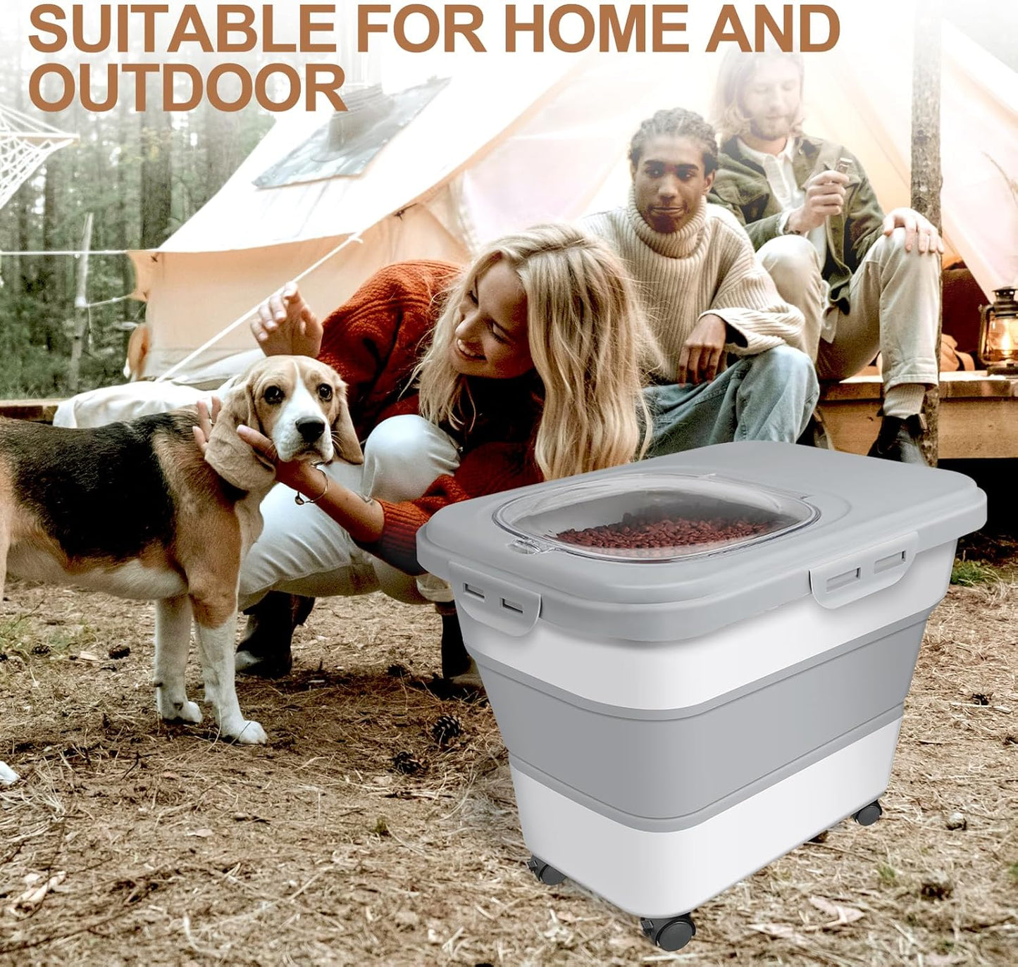 Dog Food Storage Container, 10-20lbs Collapsible Dog Cat Food Containers with Airtight Clear Flip-top，Rolling Wheel and Pet Food Scoop, Pet Food Storage Container Bin for Dog Cat Bird Pets