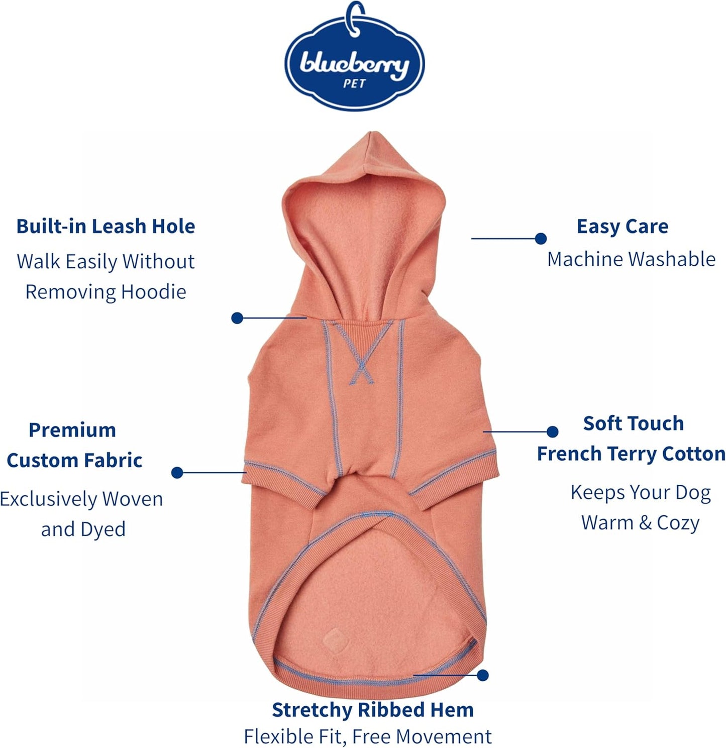 Blueberry Pet Essentials Dog Hoodie – 22 inch, Cotton‑Blend Sweatshirt with Hood, Coral, Machine‑Washable Small‑Dog Jersey