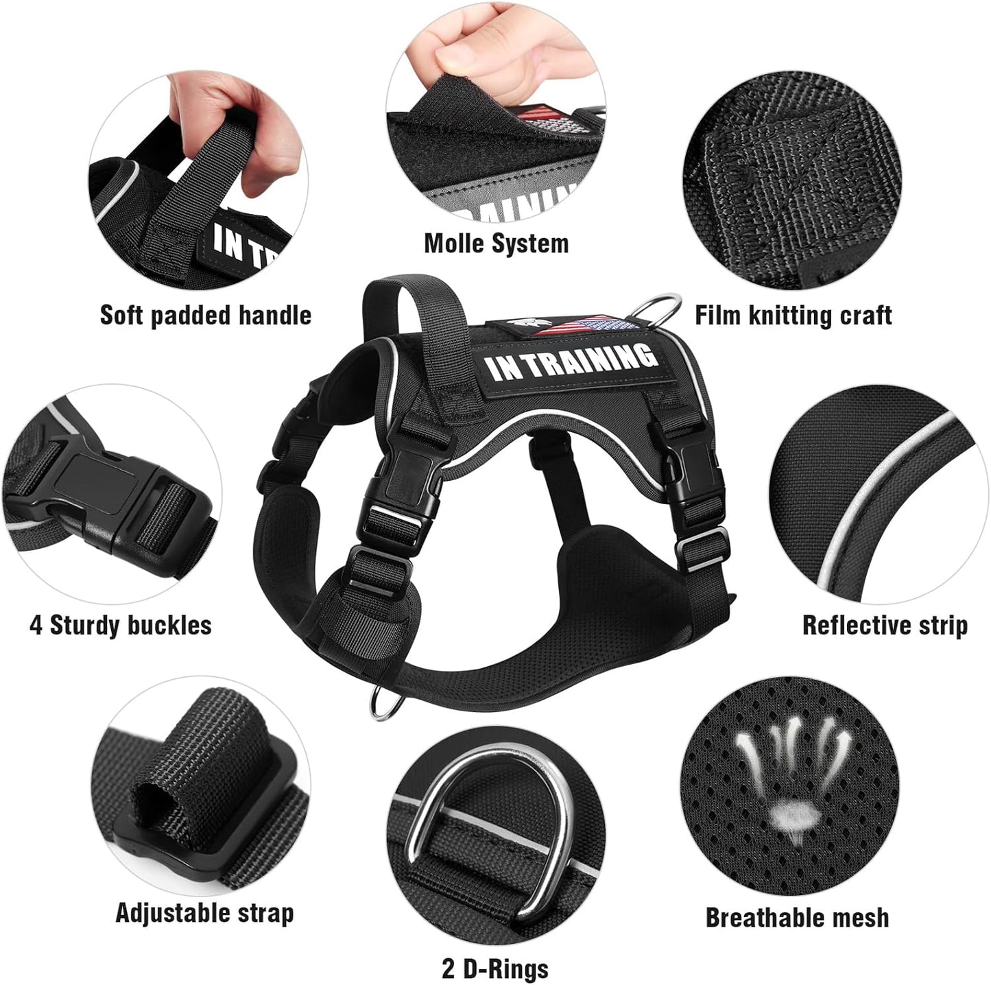 WINSEE Service Dog in Training Harness with 5 PCS Patches, Reflective Tactical Dog Vest Harness, Adjustable Soft Oxford Pet Harness with Easy Control Handle, Hook & Loop Panels for Walking Hiking