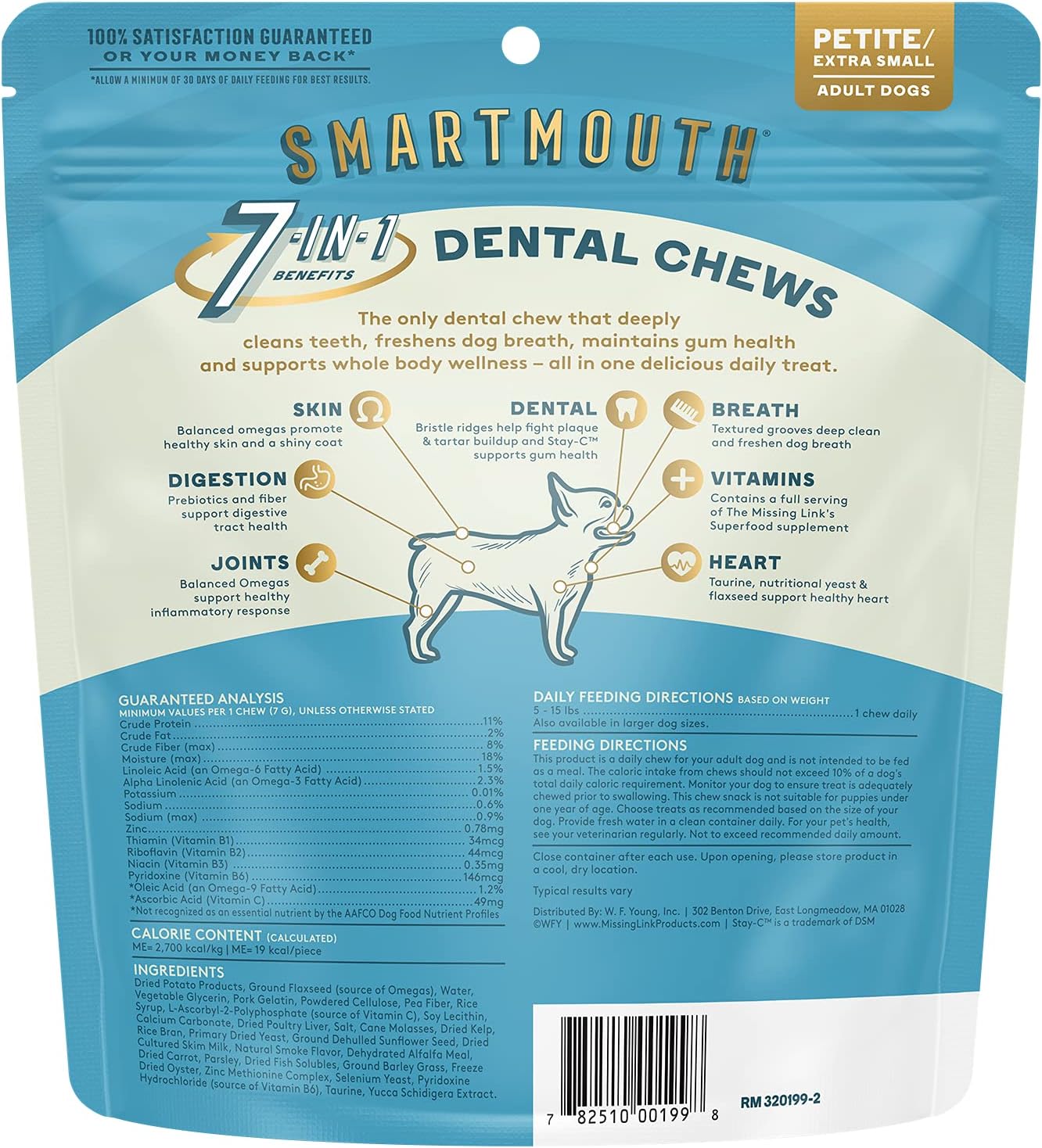The Missing Link Smartmouth Vet Developed Dental Chew Treats, 7-in-1 Benefits: Healthy Teeth & Gums, Breath, Skin, Joints, Digestion, Heart, Immune System – Petite/XS 5-15lb Dogs, 28 Ct