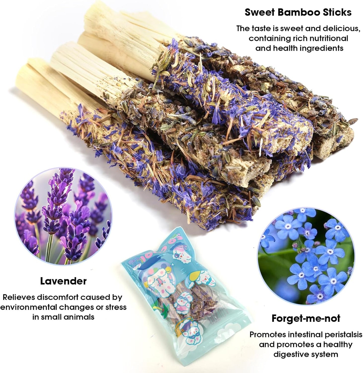 Abizoo Sweet Bamboo Rabbit Chew Sticks Treats and Toys 8Pcs Natural Hay with Forget-Me-Not Lavender for Bunny Guinea Pig Chinchilla Dental Care