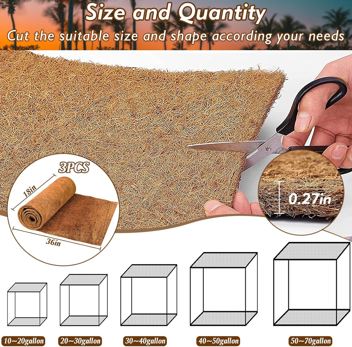 ZeeDix 3 Pieces Coconut Fiber Reptile Substrate Mat, 18 x 36 inches Natural Coco Mat Reptile Carpet Coco Fiber Liner Turtle Bedding Reptile Terrarium Liner for Lizard Snake Turtle Gecko Bearded Dragon